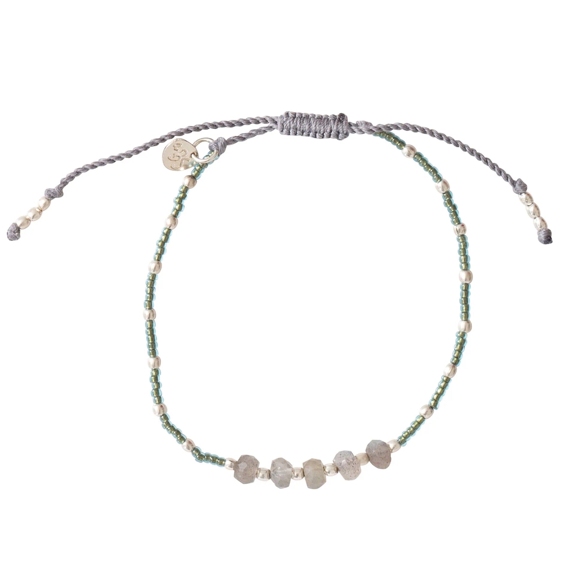 Verstelbare armband vijf labradoriet stenen verstelbaar groen/zilver