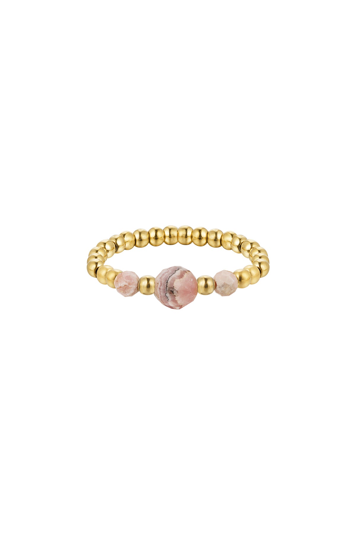 elastische ring van goudkleurige ronde kralen en twee kleine en één grote roze hematiet stenen