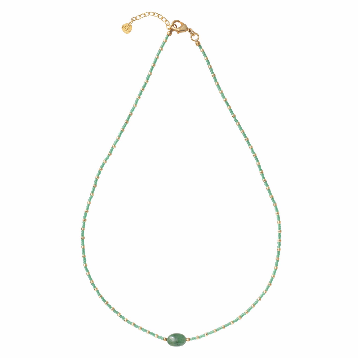 Ketting confident van het merk A Beautiful Story met groene en gouden glaskralen en in het midden een aventurijn edelsteen.