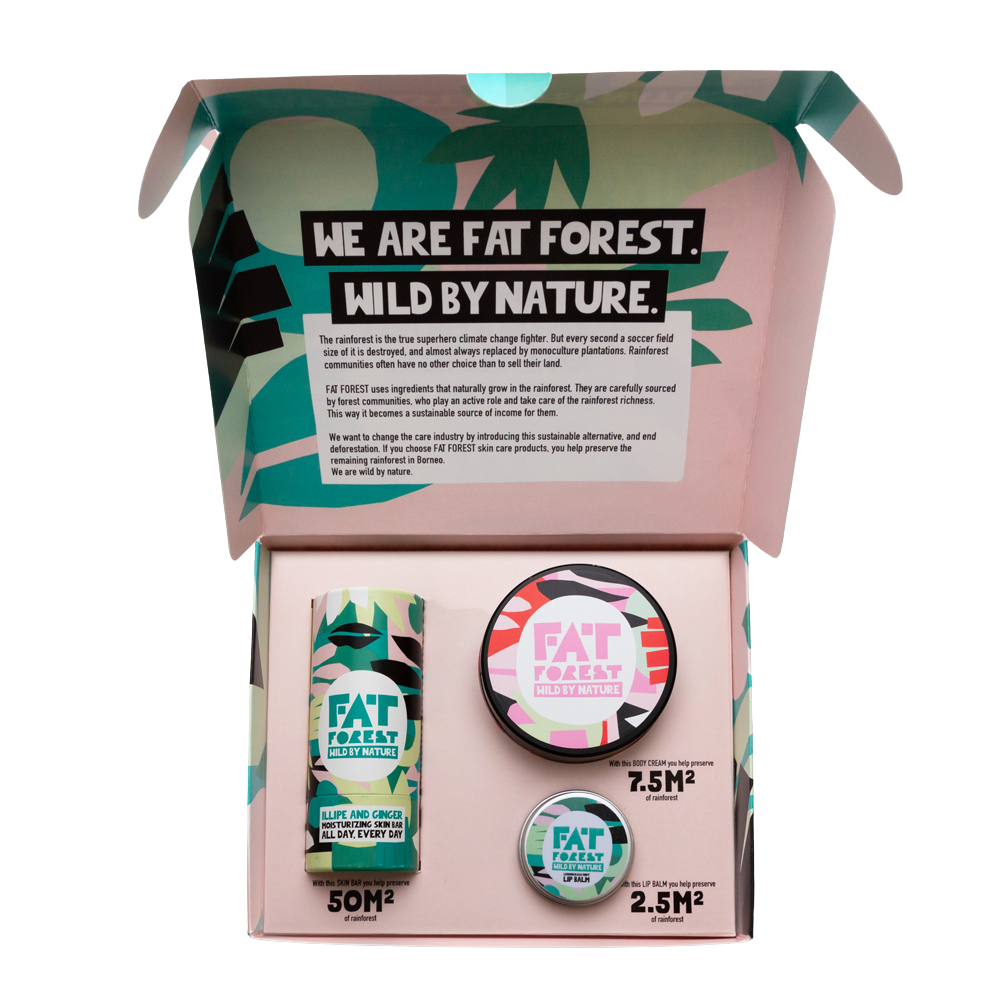 Verzorgings cadeaupakket van Fat Forest met gember skinbar, grapefruit bodycream en lemongrass lipbalm