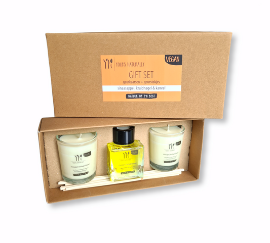 Home Fragrancy Giftset Geurkaars Geurstokjes Sinaasappel Kaneel Kruidnagel