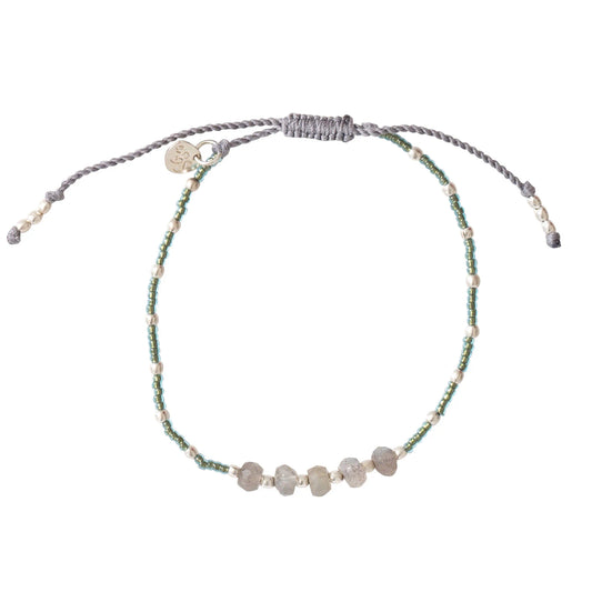 Verstelbare armband vijf labradoriet stenen verstelbaar groen/zilver