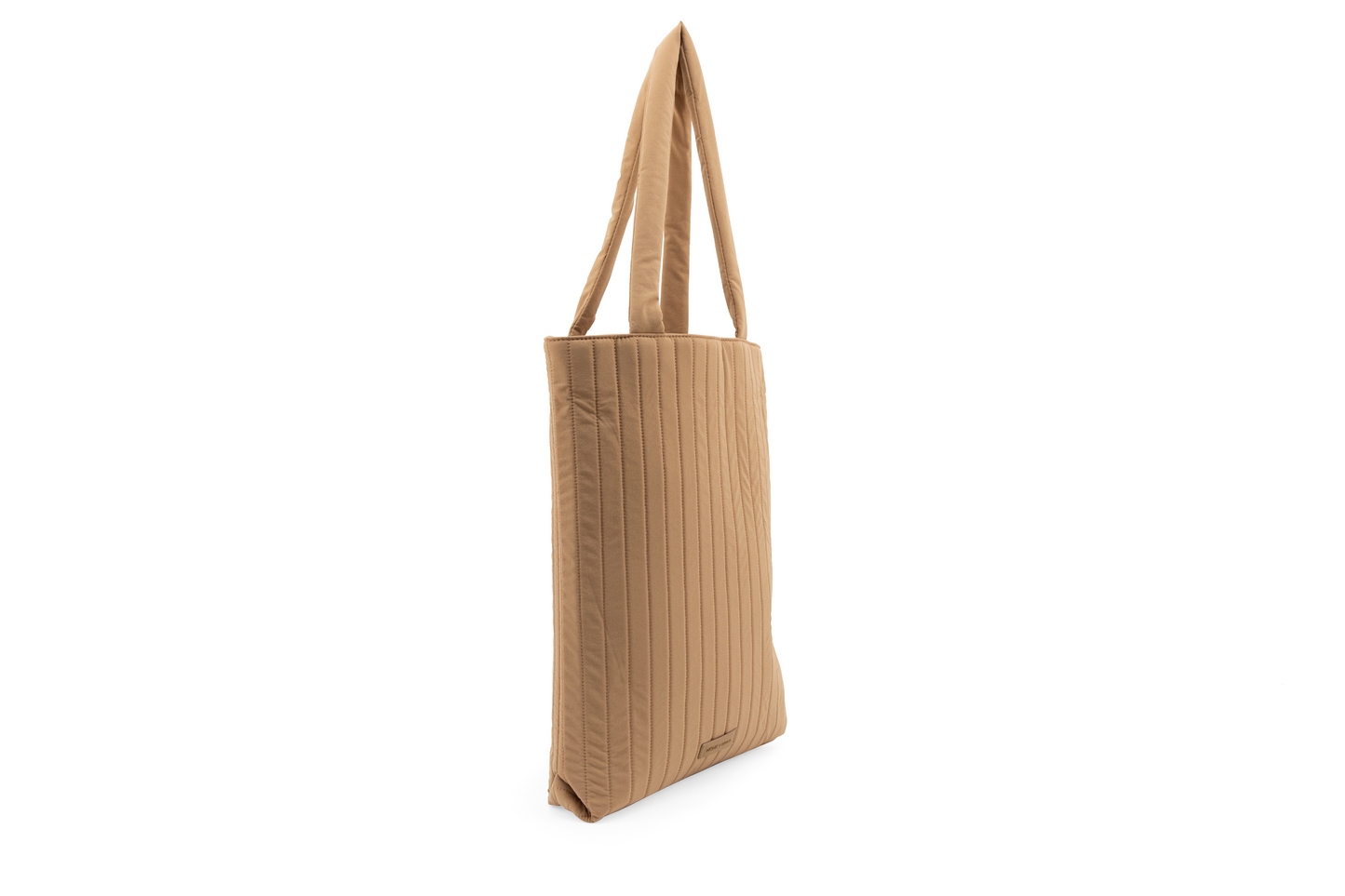 Padded tote bag in lichtbruine kleur zijaangezicht