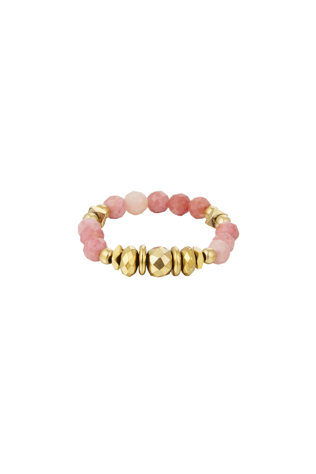 elastische ring met roze rhodochrosiet kralen en goudkleurige kralen in verschillende vormen
