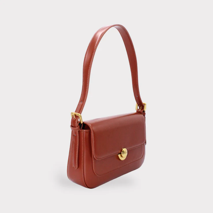 Bruine Vegan schoudertas van microfiber met klepsluiting en goudkleurig hardware