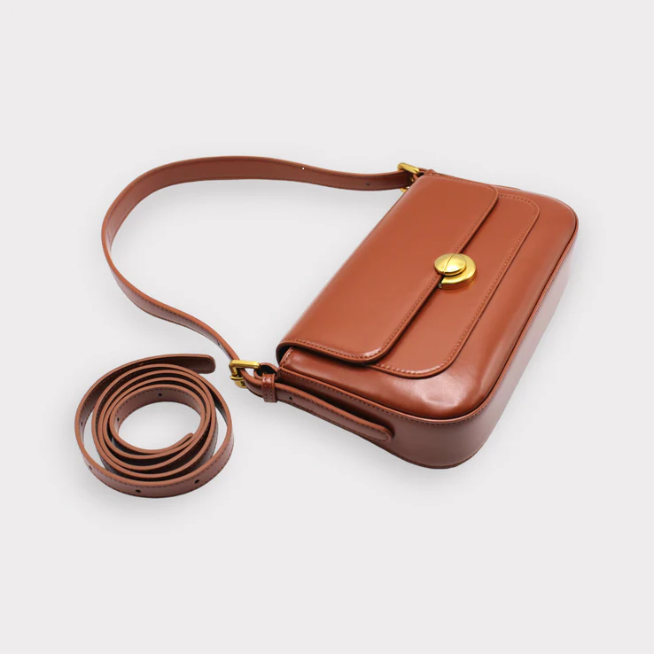 Bruine Vegan schoudertas van microfiber met klepsluiting en goudkleurig hardware